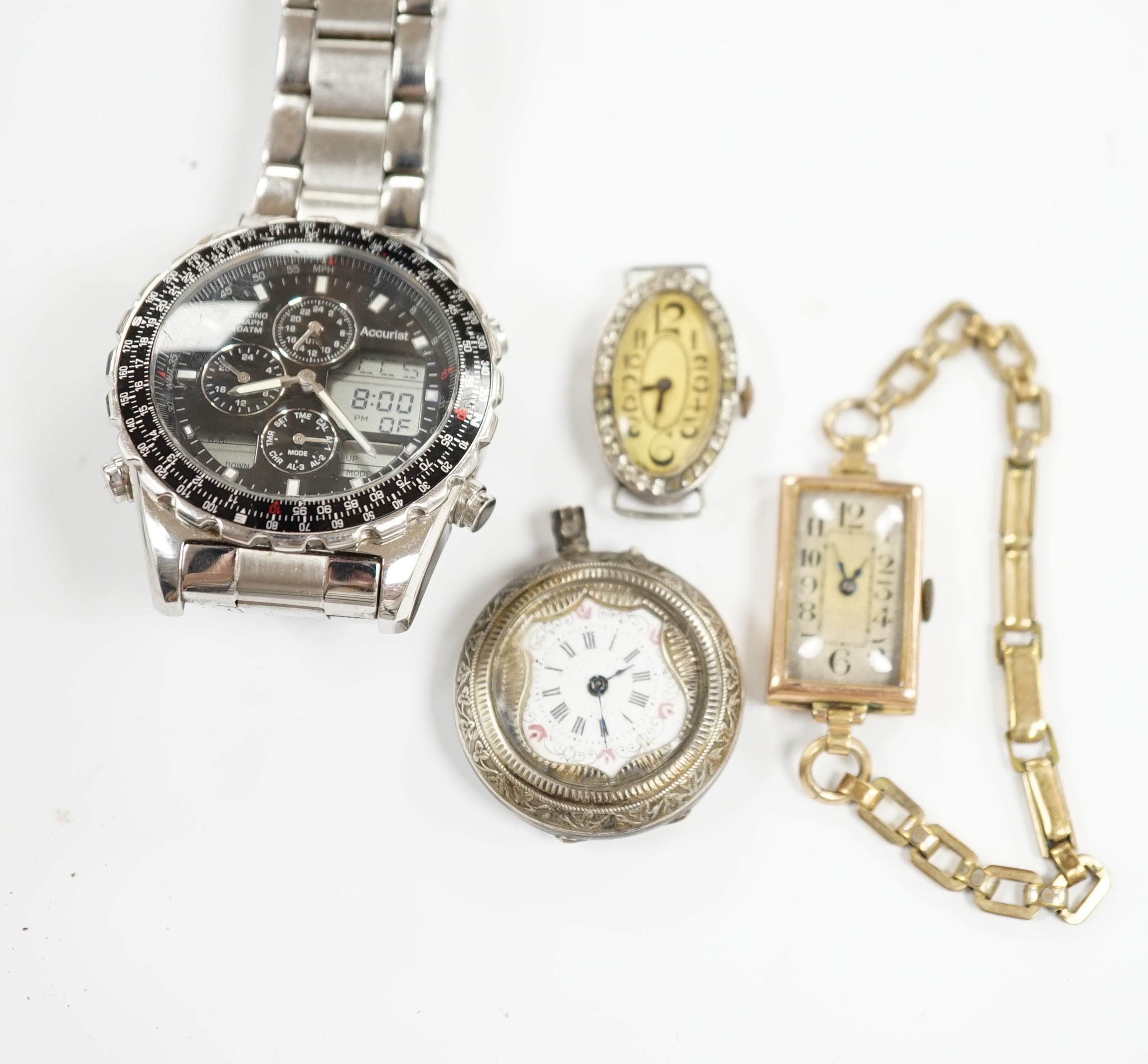 A lady's 1920's 9ct gold rectangular dial manual wind wrist watch, on a rolled gold bracelet, a similar silver and paste set wrist watch (no strap), an 800 standard white metal fob watch, a strap and a later Accurist ana